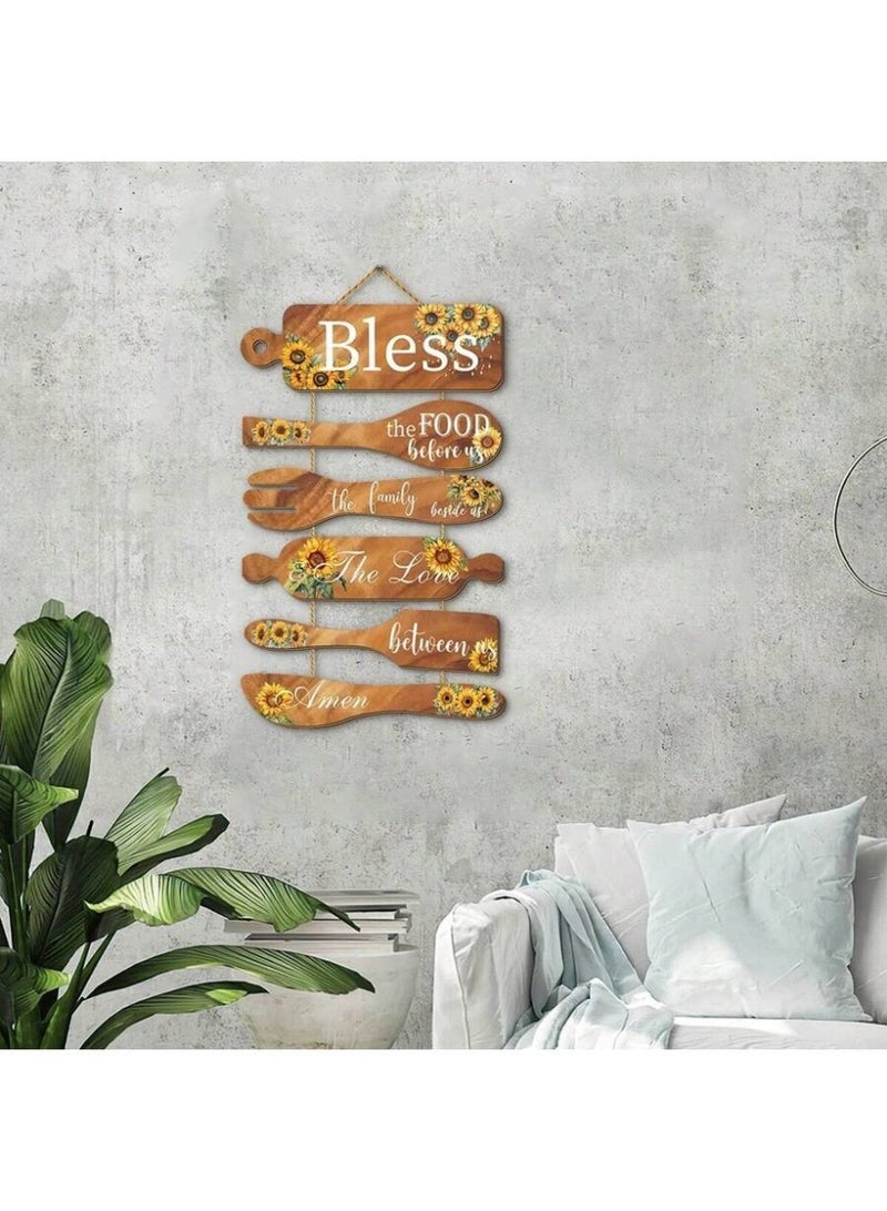 Bless the Food Before Us Wall Hanging – Rustic Kitchen Wall Decor Sign – Wooden Spoon & Fork Quote Art – Farmhouse Dining Room Hanging Plaque - Image 3